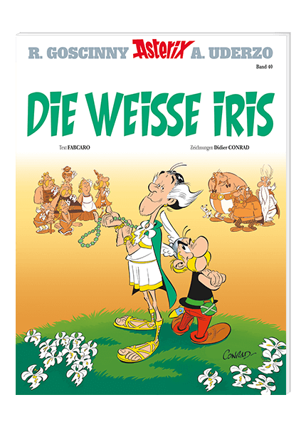 Das Cover von Die weiße Iris zeigt Asterix ud einen Römer in Toga mit weißen Haaren