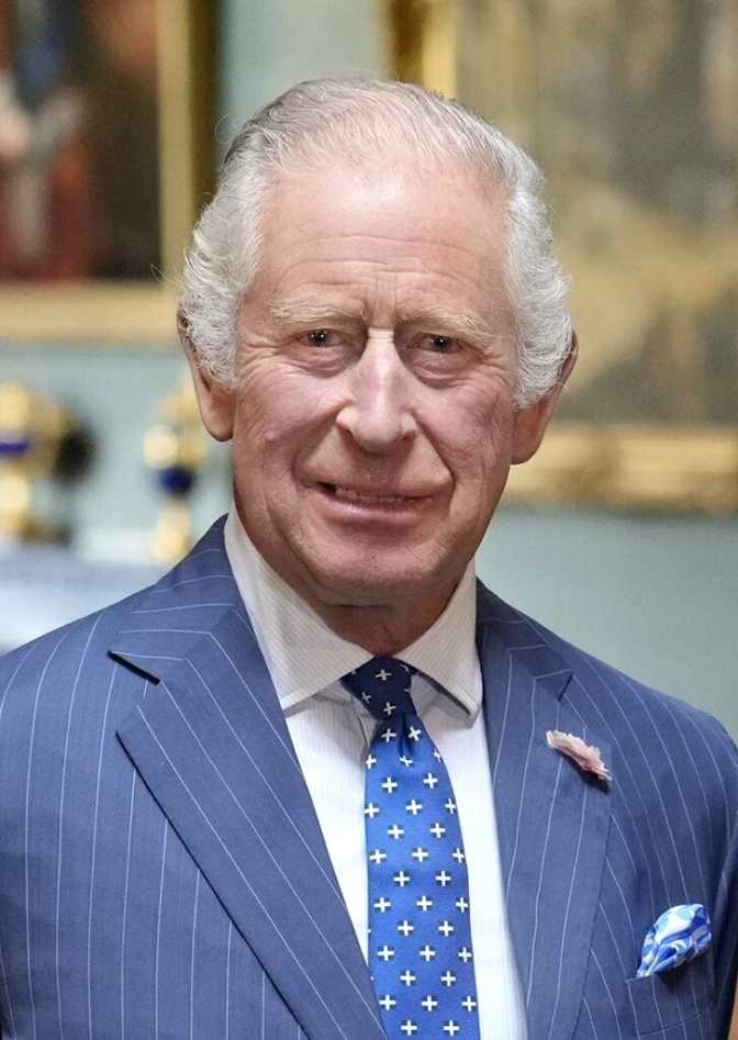 Charles mit Stirnglatze in einem blauen Anzug mit blauer Krawatte.