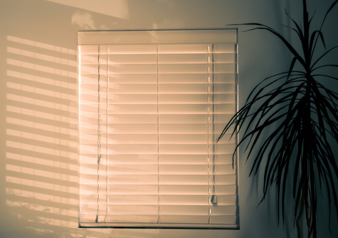 Ein Fenster wird von einem Rollo verdunkelt. Durch die Ritzen scheint Sonne in Streifen in den Raum.