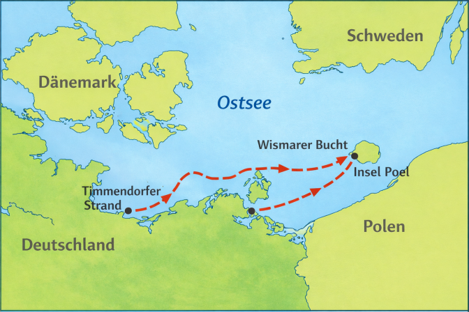 Die Orte, an denen Wal Timmy festsaß mit roten Pfeilen auf einer Landkarte markiert.