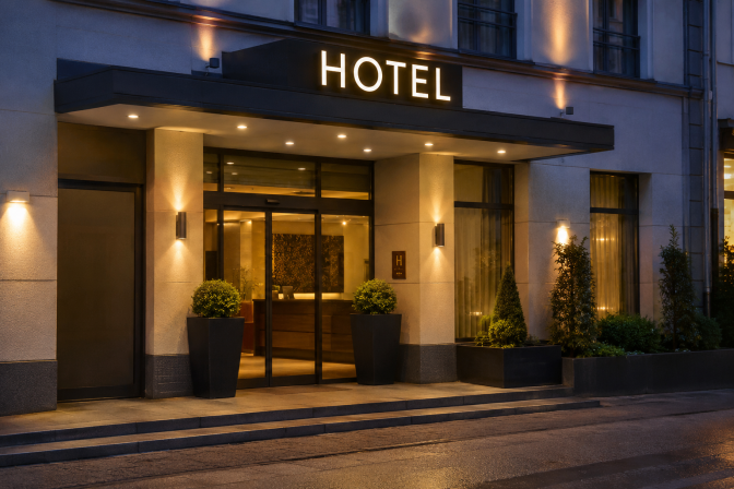 Ein Hoteleingang im Abendlicht, über der Tür der Schriftzug Hotel