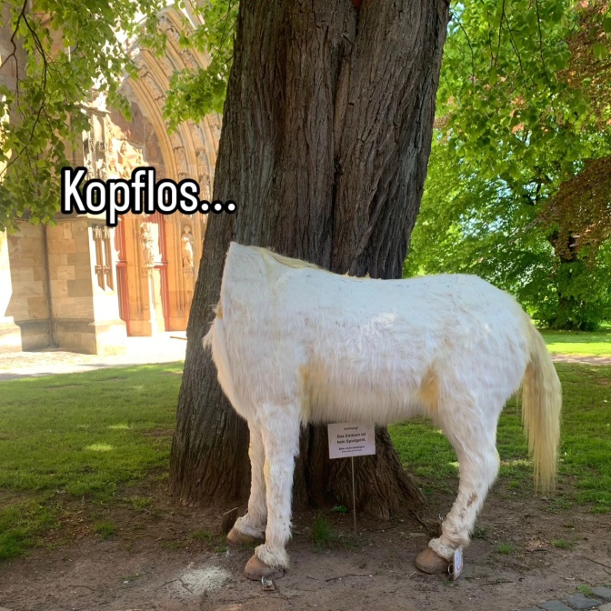 Eine Einhornstatue mit weißem Fell, der Kopf wurde abgesägt.