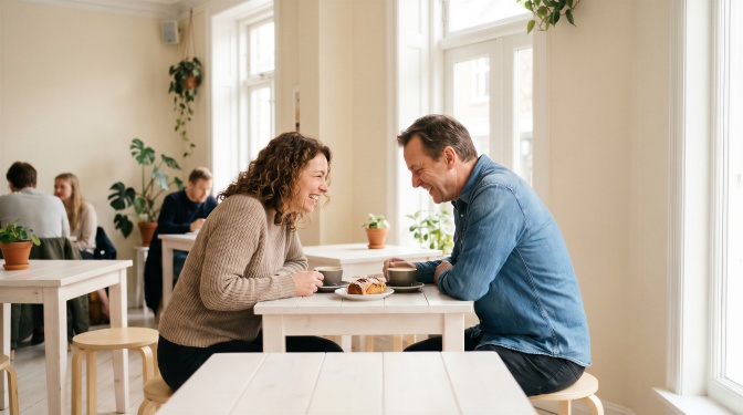 Ein Mann und eine Frau sitzen sich an einem Tisch gegenüber. Die Frau erzählt, beide lachen.