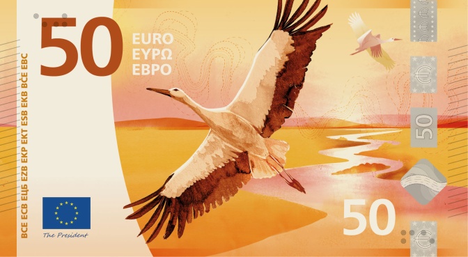 Ein 50-Euro-Schein mit einem fliegenden Storch