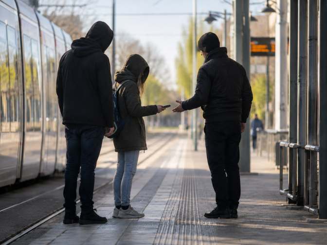 2 Männer nehmen einem Mädchen das Handy ab. Im Hintergrund steht eine Straßenbahn.