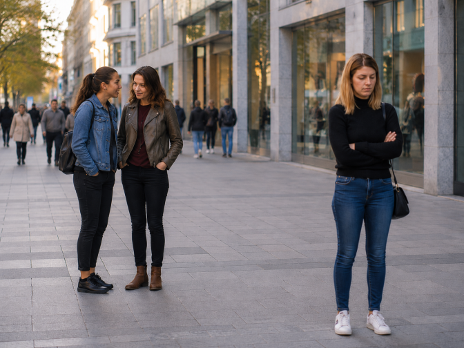 Zwei Frauen stehen eng nebeneinander und sprechen über eine Dritte, die mit etwas Abstand zu ihnen steht.