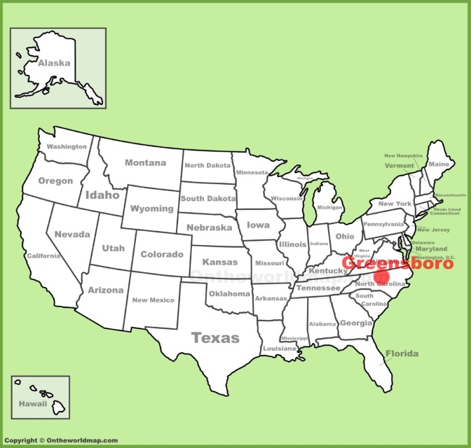 Eine einfache Karte der USA, auf der North Carolina und Greensboro markiert sind.