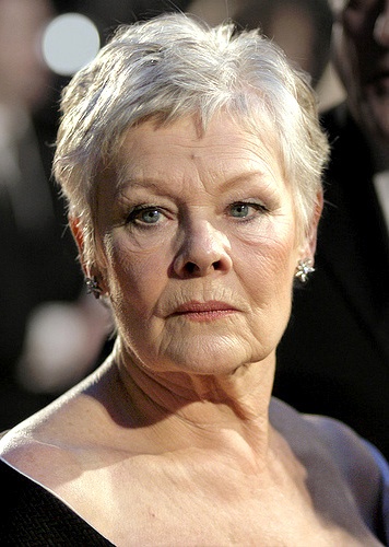 Judi Dench mit kurzen, weißen Haaren. Sie schaut ernst leicht seitlich an der Kamera vorbei.