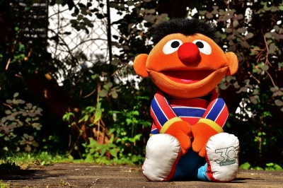 Eine Ernie-Puppe vor einem Maschendrahtzaun