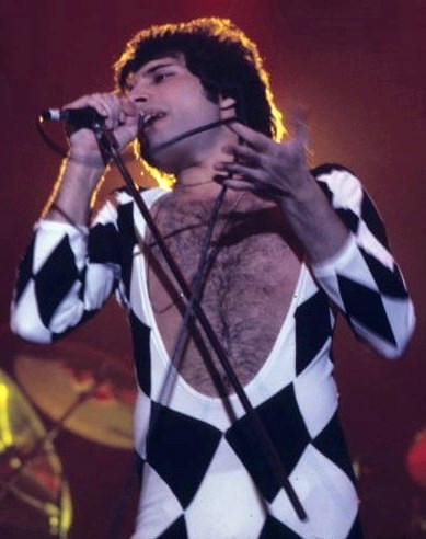 Freddie Mercury in einem weit ausgeschnittenen schwarz-weißen Overall auf der Bühne. Er singt in ein Mikro und gestikuliert mit den Händen.
